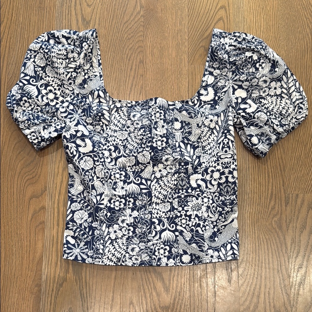 J. Crew Puff Sleeve Blue and White Top - Size 2